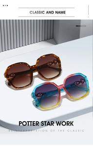 Detailed view of oversized hexagonal sunglasses with gradient lenses and decorative temples