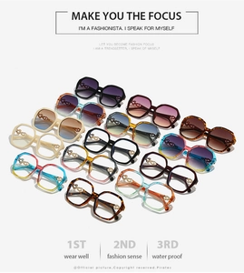 Macro detail of fashionable square oversized sunglasses with decorative metal chain temples
