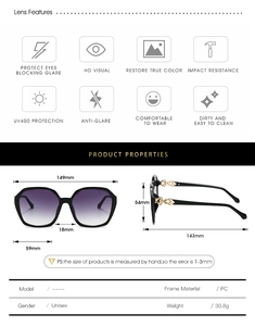 Detailed size chart for square oversized sunglasses with UV400 and anti-glare specs