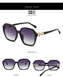 Three-angle display of black square sunglasses with purple lenses and gold metal accents