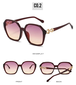 Three-angle view of wine red square sunglasses with gradient lenses and gold accents