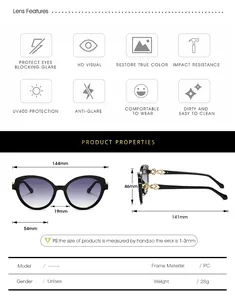 Size chart showing 144mm width and PC frame specs for trendy cat eye sunglasses