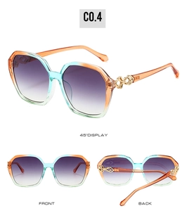 Three-view display of gradient oversized square sunglasses with gold chain temples