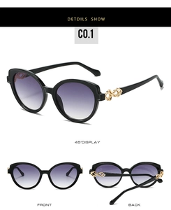 Detailed views of square round frame sunglasses with purple gradient lenses and gold accents