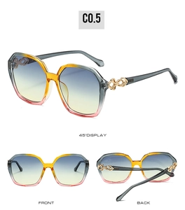 Detailed views of square oversized gradient sunglasses with gold metal knot hardware