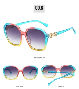 Detailed views of square gradient sunglasses with gold metal temples and purple lenses