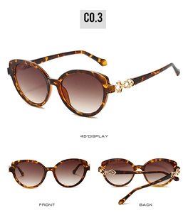 Detailed multi-angle views of tortoiseshell sunglasses with golden infinity temple accents