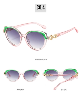 Multiple views of pink resin sunglasses with green accents and purple gradient lenses