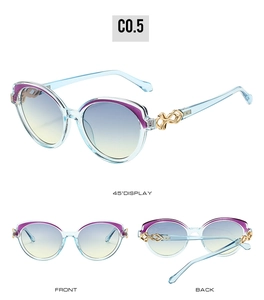 Three-angle view of cat-eye sunglasses with blue resin frames and gold-detailed temples
