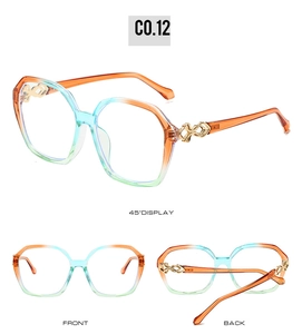 Detailed views of gradient tricolor square glasses frames with gold infinity symbol