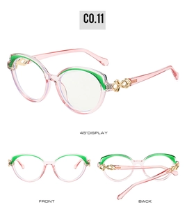 Three views of pink oval sunglasses featuring green accents and gold-etched hinges