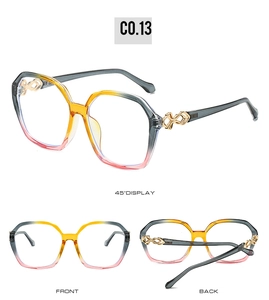 Detailed views showing oversized square gradient sunglasses with gold metal weave temples