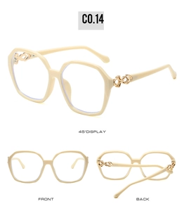 Three-view display of beige square frame sunglasses with golden hollow hinge details