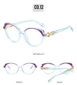 Three-view display of light blue oval sunglasses with gold hollow floral metal hinges