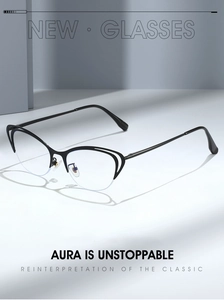 Detail of black cat-eye semi-rimless metal glasses frames with modern shadow effect