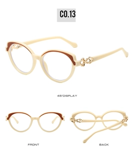 Three views of cream cat-eye glasses frames with brown accents and gold temple details