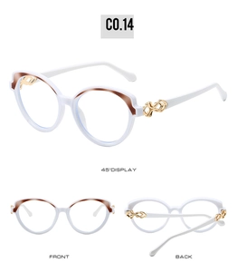 Three-angle view of white oval sunglasses with gold hinge detail and brown accents