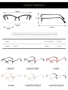 Detailed size chart for metal cat-eye glasses frames with precise width and height specs