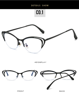 Detailed views of black cat-eye semi-rimless frames showing side and front profiles