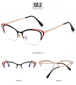 Detailed views of red and black cat eye half-rim glasses with gold metal temples