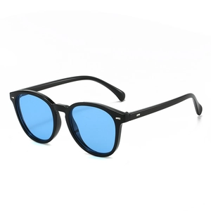 Classic black oval frame sunglasses with bright blue lenses and silver rivet accents