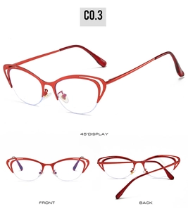 Three-angle view of red metal cat-eye semi-rimless frames with anti-blue light lenses