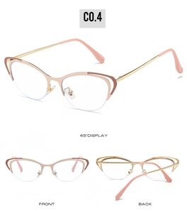 Detailed views of rose gold cat-eye half-rim metal glasses with hollow frame design