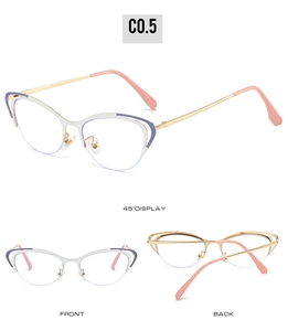 Three views of cat-eye metal glasses frame with purple and white accents and gold finish