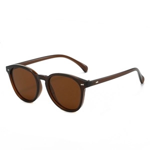 Classic oval frame sunglasses with dark brown lenses and metal rivet details shown at 45 degrees