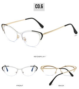 Detailed views of cat-eye semi-rimless metal glasses with white and black frame accents