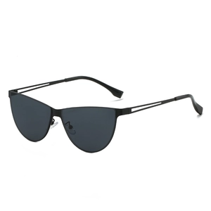 Matte black cat eye sunglasses for women with metal frames and hollow double temples