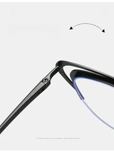 Detail shot of durable metal hinges and anti-blue light lenses on cat-eye glasses