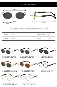 Sizing chart and technical specifications for oval metal sunglasses with frame dimensions