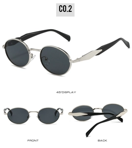 Three-view display of metal oval sunglasses with silver frames and black polarized lenses