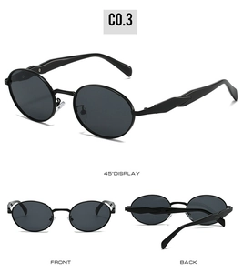 Multi-angle view of oval metal sunglasses with black lenses in front and back displays