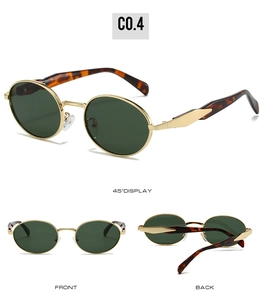 Detail view of oval sunglasses with gold metal frames and dark green lenses in three angles
