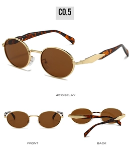 Detailed views of gold oval sunglasses with tortoiseshell temples and brown lenses