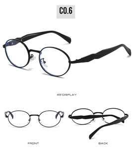 Three-angle view of oval metal sunglasses showing front, back, and 45-degree side details