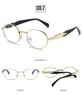 Detailed views of gold metal oval sunglasses with black temples from multiple angles
