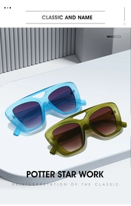 Detail view of double-bridge square sunglasses with translucent frames and gradient lenses