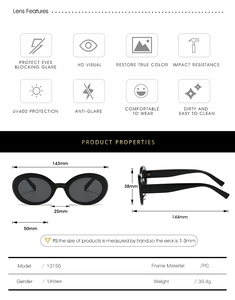 Detailed size chart for retro oval sunglasses showing dimensions and UV400 frame metrics