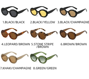 Collage of retro oval sunglasses in eight colors including black, leopard, and green frames