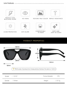 Detailed specs of square retro sunglasses featuring dimensions, PC frame, and weight details