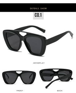 Detail view of black double-bridge sunglasses with a thick frame from multiple angles