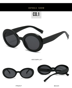 Detailed multi-angle views of retro oval sunglasses with black frames and dark grey lenses