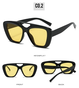Three views of retro thick-frame sunglasses with yellow lenses and double bridge design