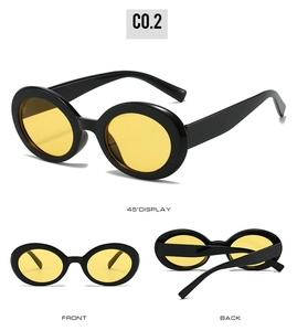 Retro oval sunglasses with black frame and yellow lenses showing front, back and 45 degree views