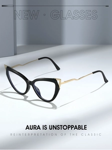 Detail of cat-eye TR90 frames with gold metal temples and geometric accents