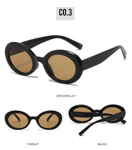 Detailed views showing the oval black frame and brown lenses from multiple angles