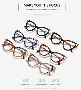 Detailed close-up showing six stylish cat-eye TR90 frames in various tortoiseshell patterns
